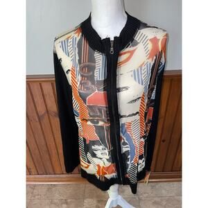 NWT Womens Alain Weiz‎ Sheer Abstract Zip Up Sweater Sleeve Blouse Size 16